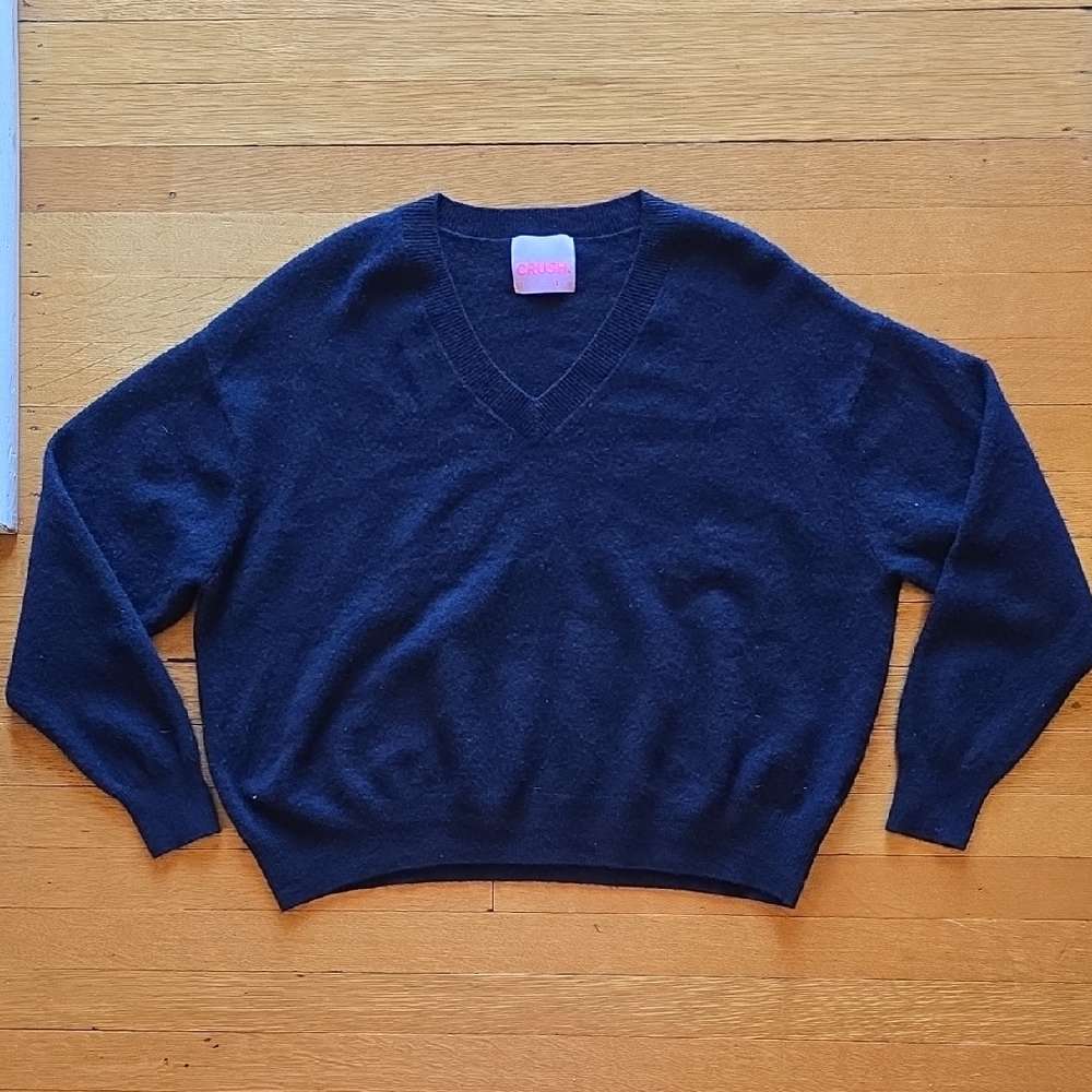 Crush, Cashmere V-Neck Sweater, Boxy, Drop Shoulders, Navy, GUC, Women's L